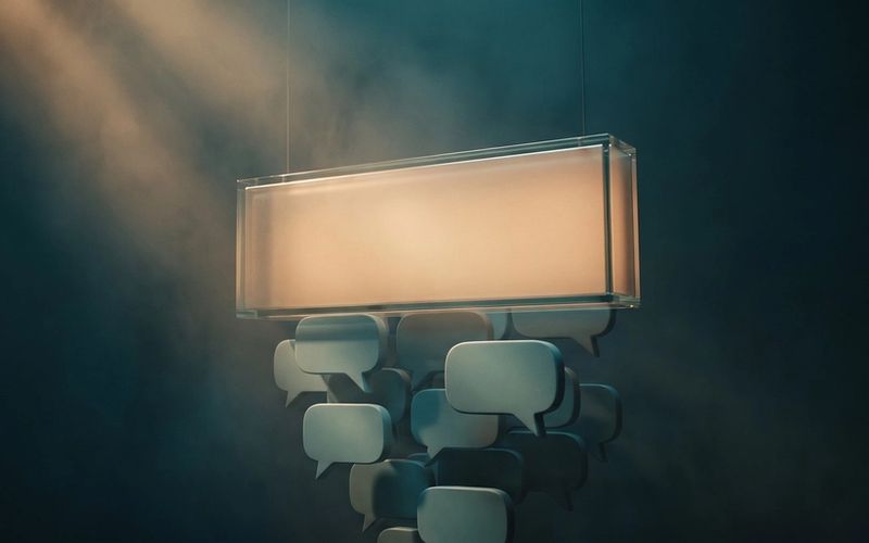 A glowing rectangular ad panel suspended in the dark with a dense cluster of blank speech bubbles hanging from its underside