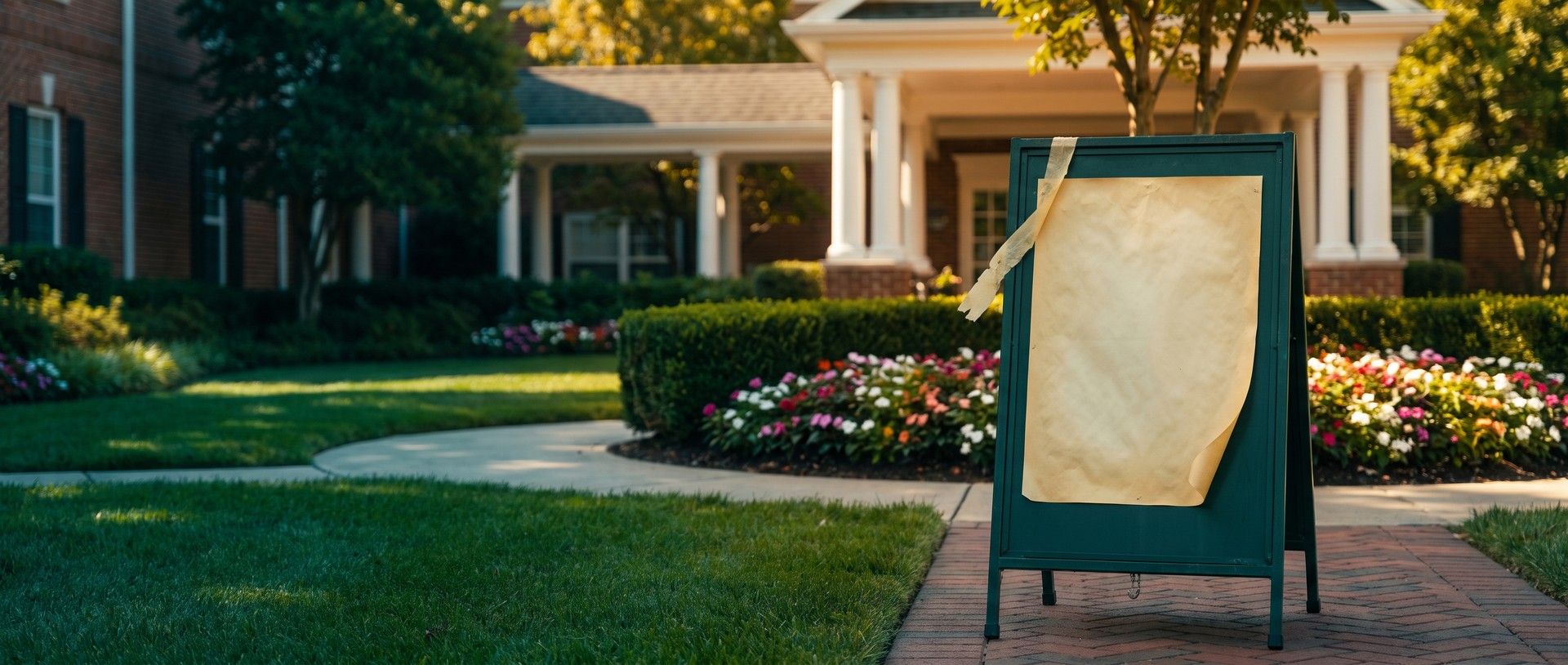 A dark green sandwich board on the brick front walk of a senior living community, its blank paper insert sun-faded and peeling from old tape, with tidy flower beds and a white-columned entrance behind it