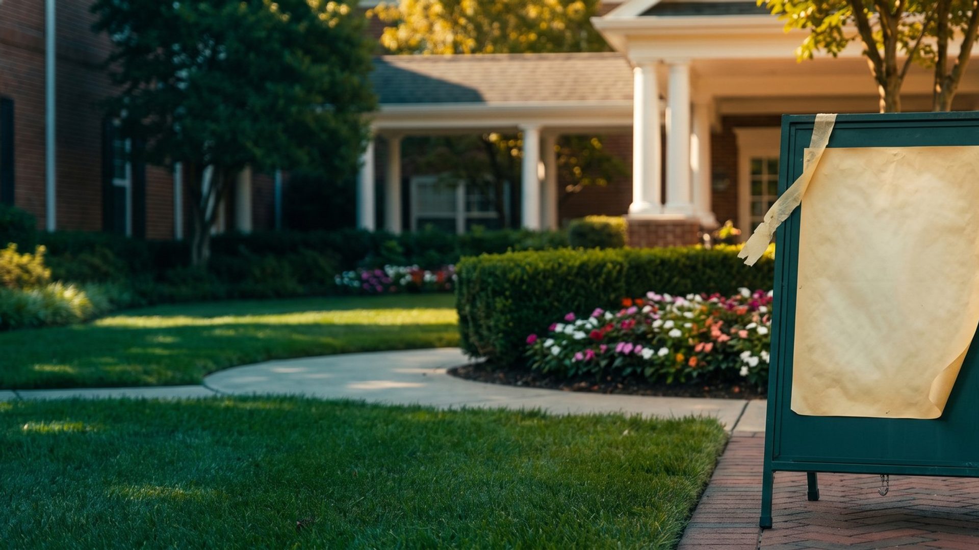 A dark green sandwich board on the brick front walk of a senior living community, its blank paper insert sun-faded and peeling from old tape, with tidy flower beds and a white-columned entrance behind it