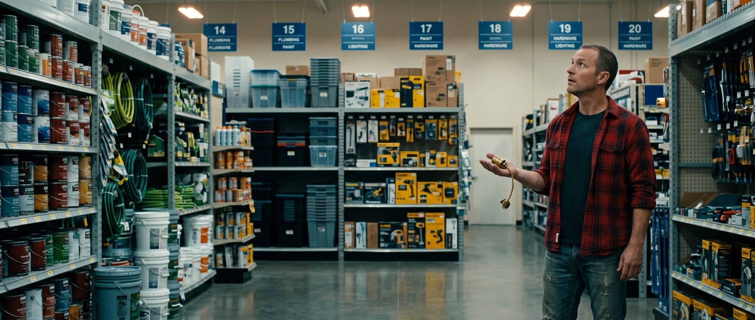 A man in a red flannel shirt stands in a big hardware store holding a small broken brass lamp socket, looking up at a row of numbered aisle signs to find the one aisle that has it