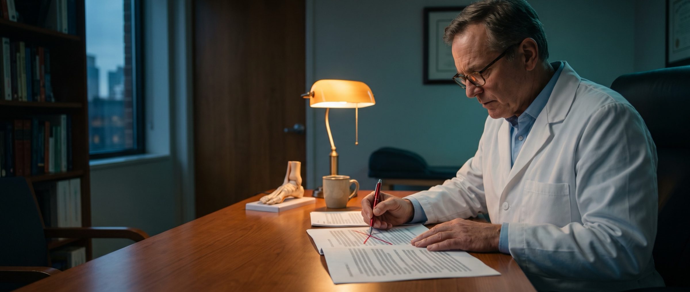 A podiatrist in reading glasses marking up printed web pages with a red pen under a desk lamp in the evening, a foot model beside the stack