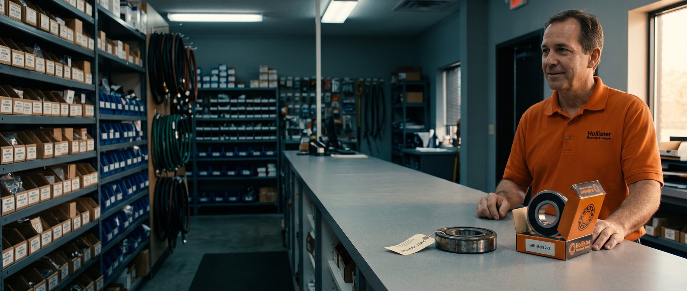 A counter clerk in an orange Hollister Bearing and Supply polo sets a boxed replacement bearing beside a worn bearing with a part tag at an industrial supply counter