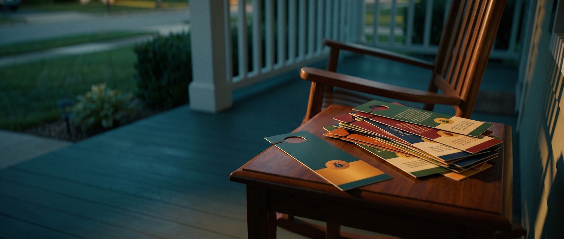 A stack of pest control door hangers from different companies on a porch side table in evening light, with one teal door hanger set apart from the pile