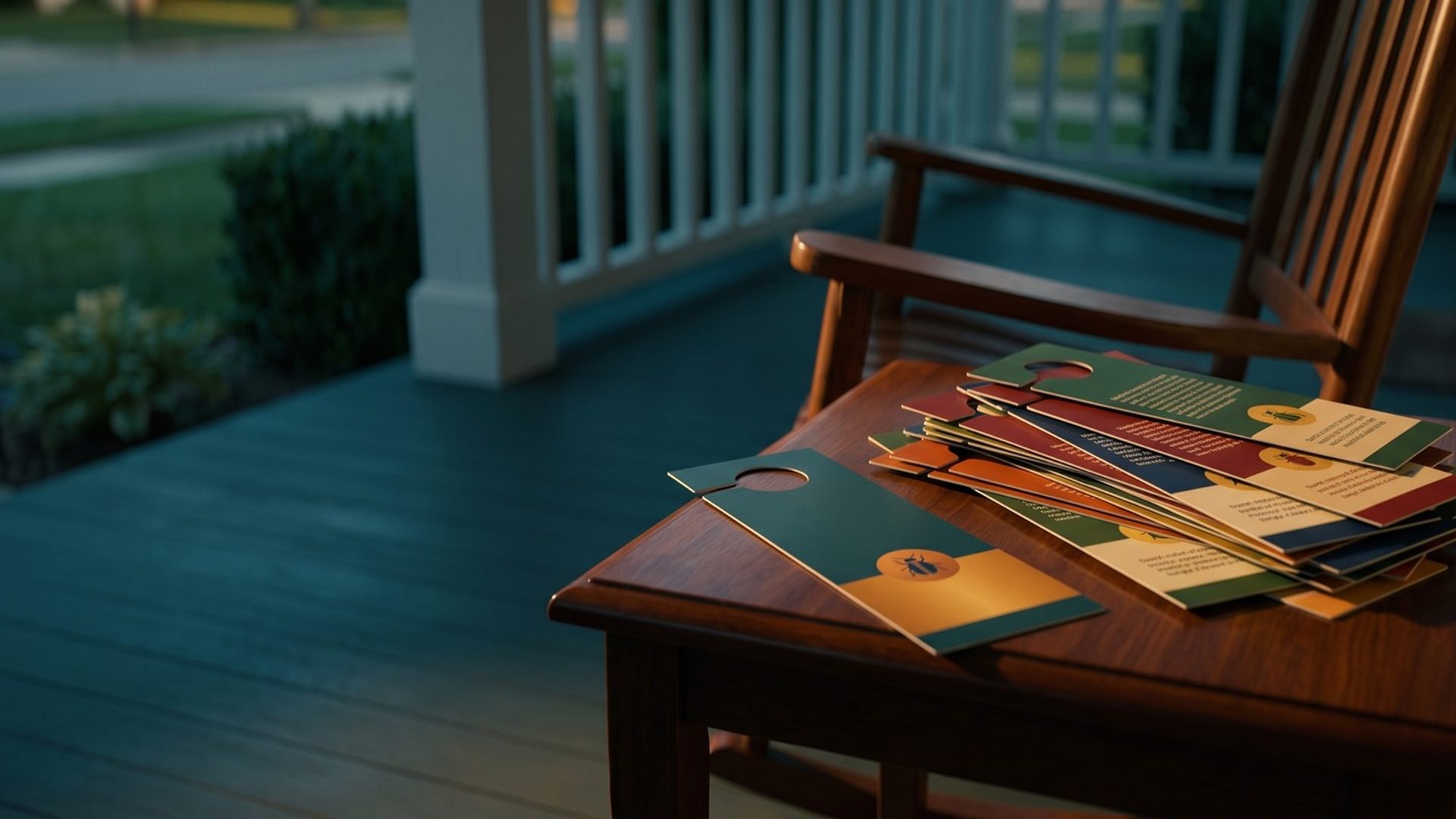 A stack of pest control door hangers from different companies on a porch side table in evening light, with one teal door hanger set apart from the pile