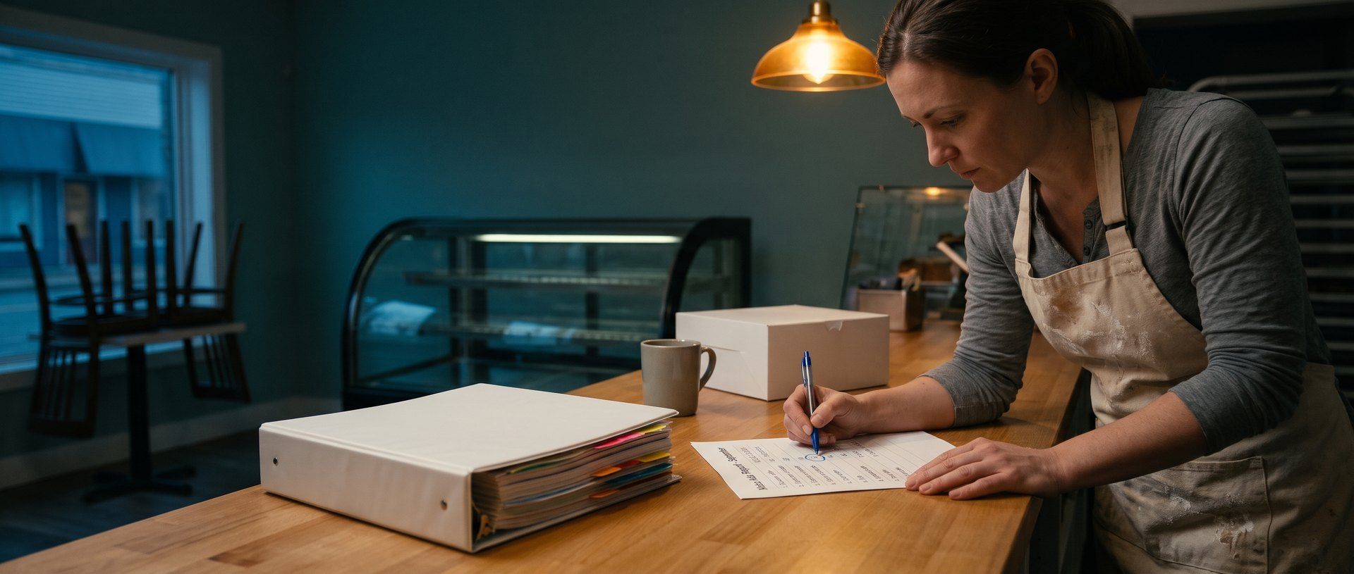 A bakery owner after closing leans over her counter, circling a number with a pen on a one-page Meta ads report, while a thick tabbed binder of a longer report sits pushed aside