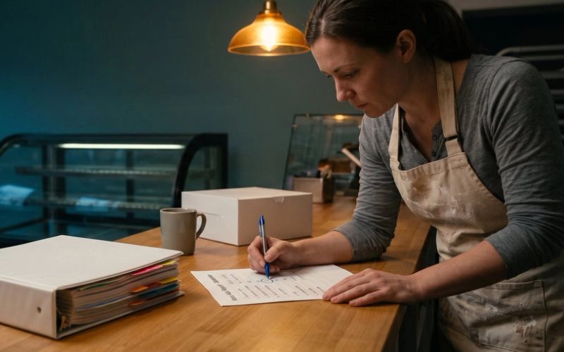 A bakery owner after closing leans over her counter, circling a number with a pen on a one-page Meta ads report, while a thick tabbed binder of a longer report sits pushed aside
