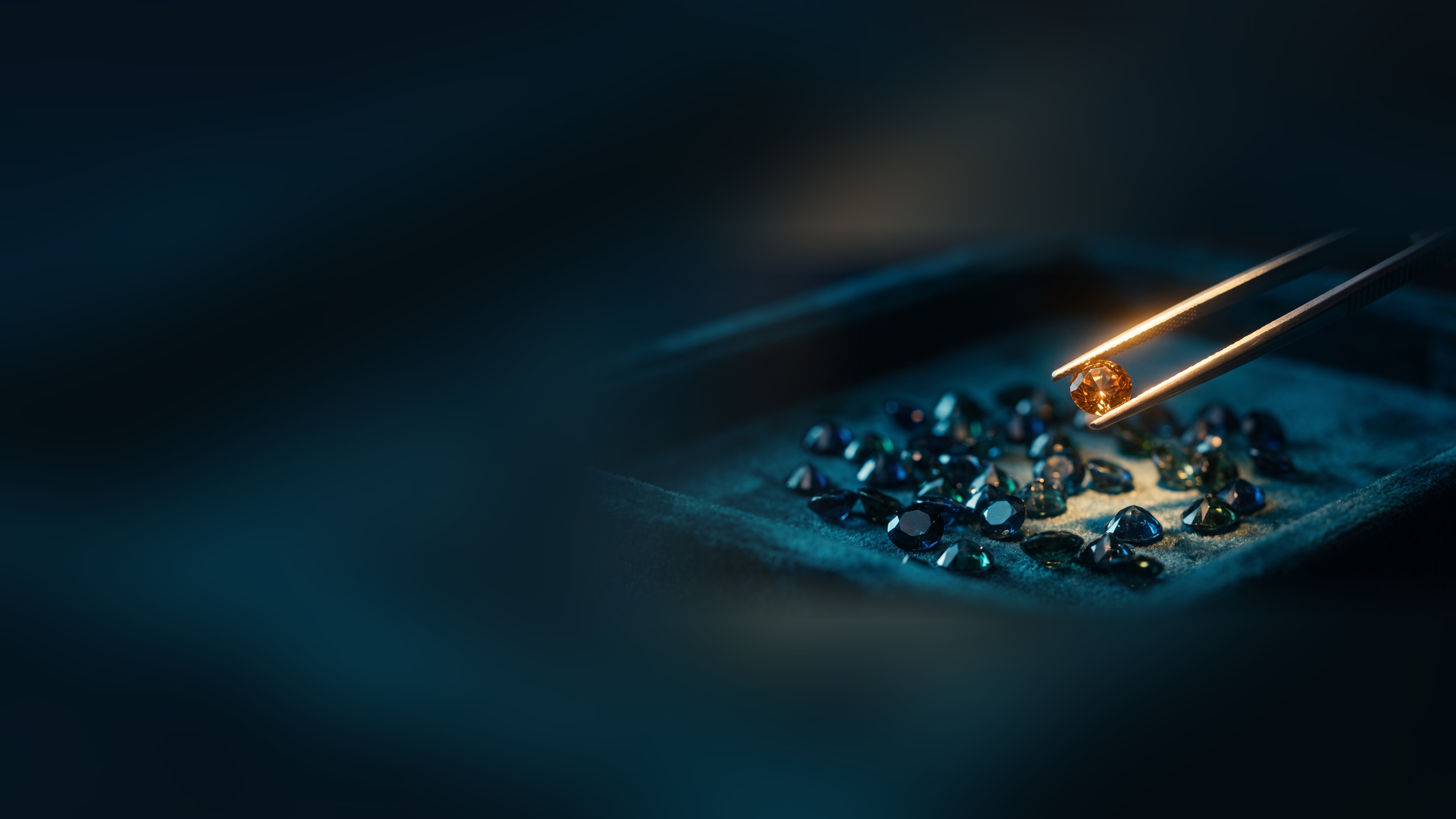 Tweezers lifting one glowing amber stone from a velvet tray of dark gems