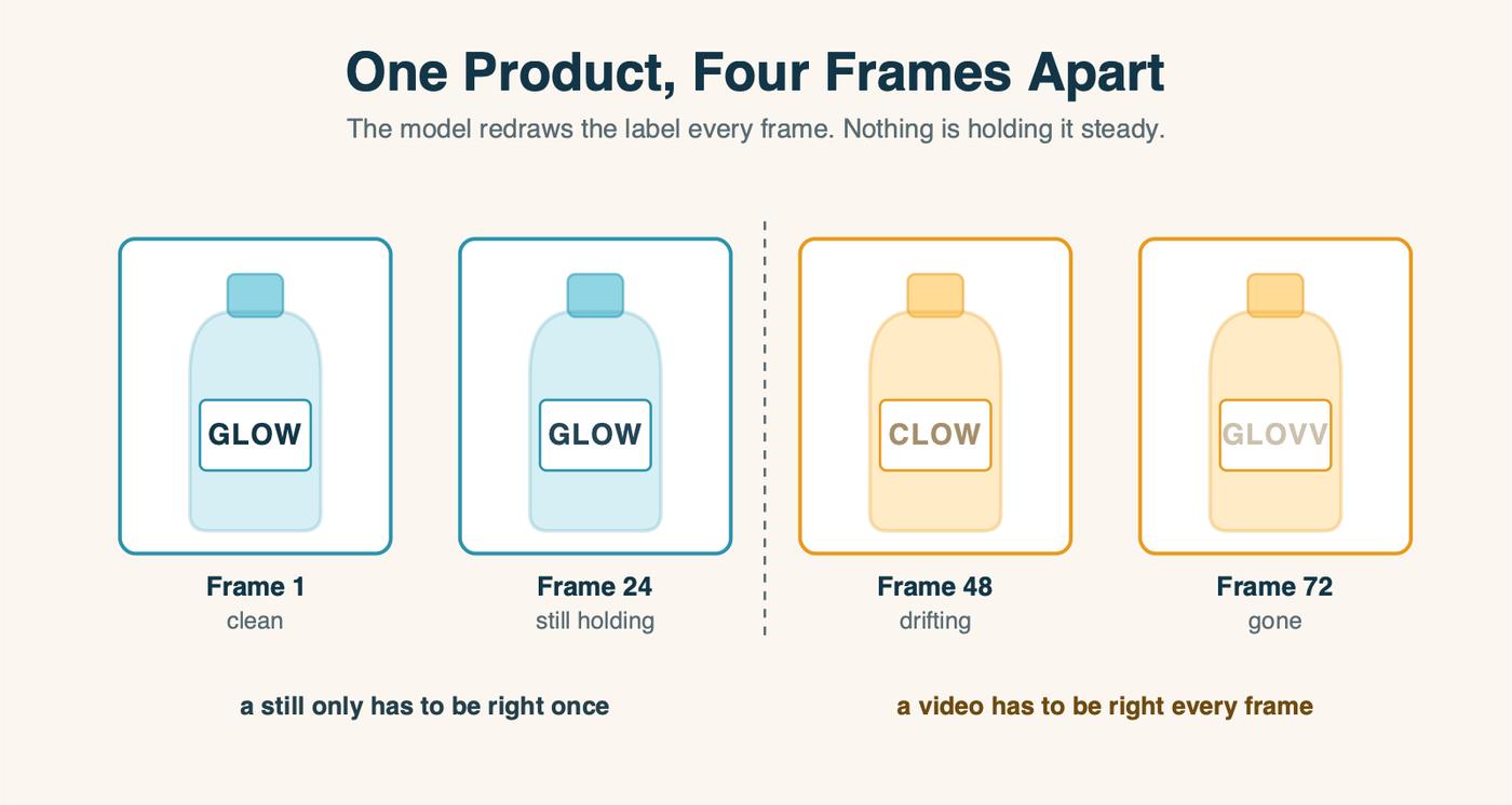 Four frames of the same product bottle, its label legible in the first two and drifting into different letters by the fourth