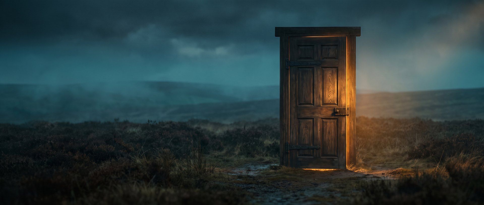 A heavy panelled door standing shut and completely alone on open moorland at dusk, warm light blazing around its edges, with open ground running past both sides of the frame