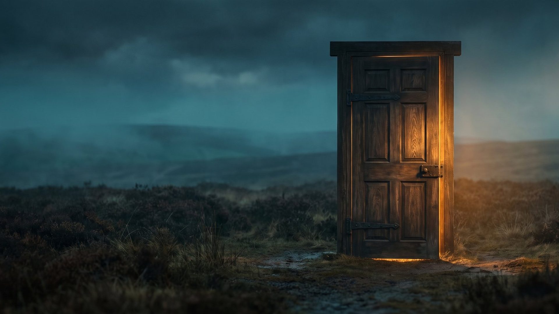 A heavy panelled door standing shut and completely alone on open moorland at dusk, warm light blazing around its edges, with open ground running past both sides of the frame