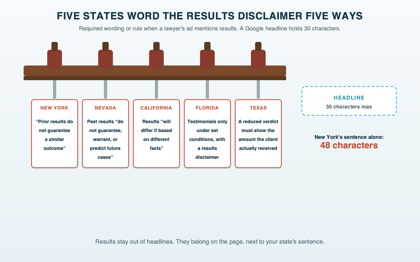 A rack of five rubber stamps, each carrying one state's required results wording: New York, Nevada, California, Florida and Texas. Beside the rack sits an empty 30-character headline box, too short for any of them.
