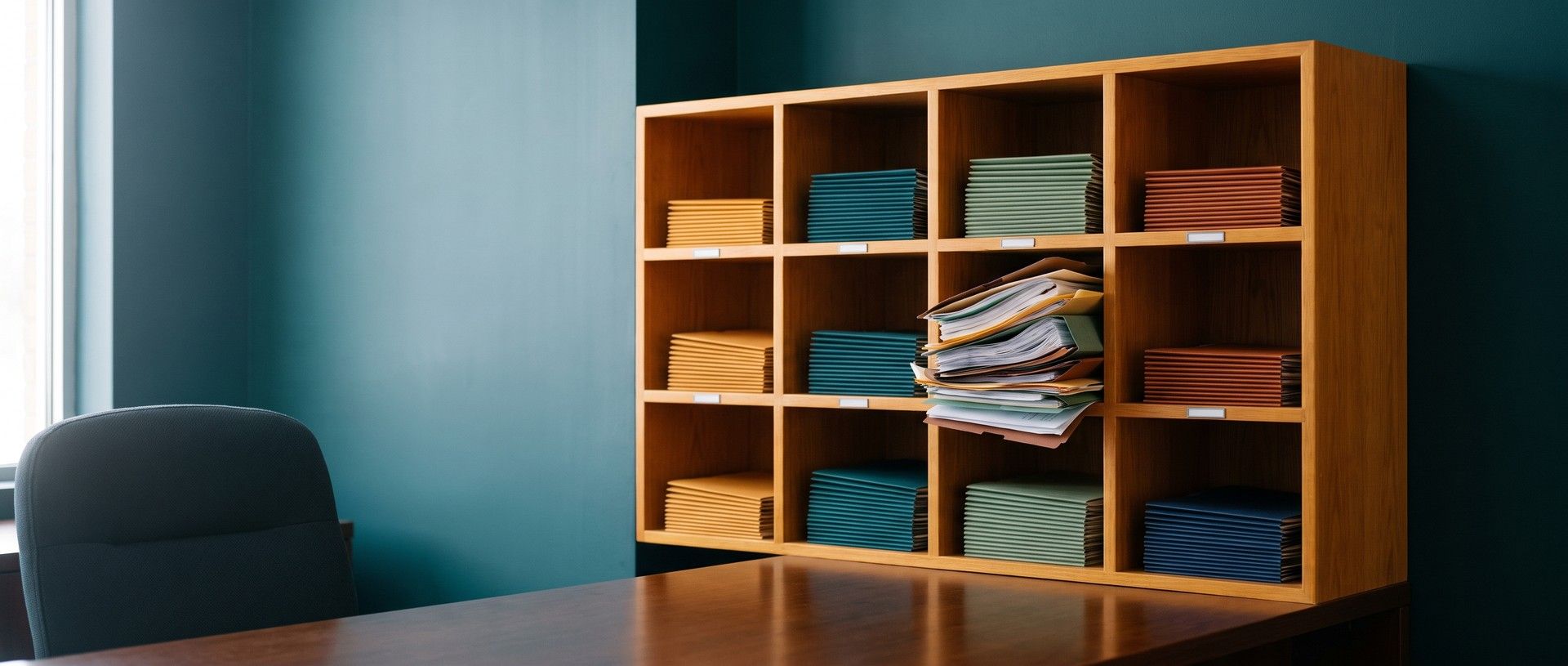 A wooden pigeonhole sorting cabinet in a teal accounting office in afternoon daylight: every slot holds a neat stack of folders in one color, except one slot jammed with folders and papers of every color spilling out