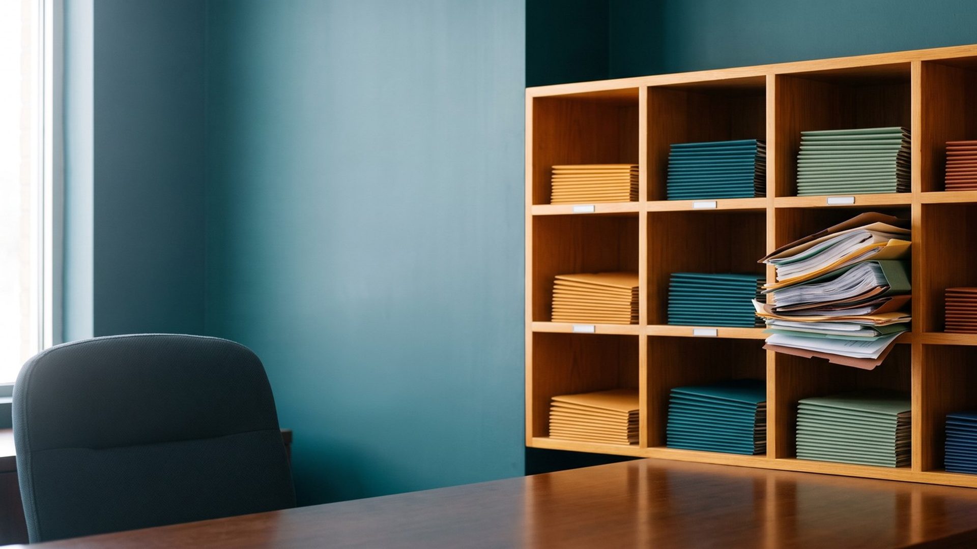 A wooden pigeonhole sorting cabinet in a teal accounting office in afternoon daylight: every slot holds a neat stack of folders in one color, except one slot jammed with folders and papers of every color spilling out