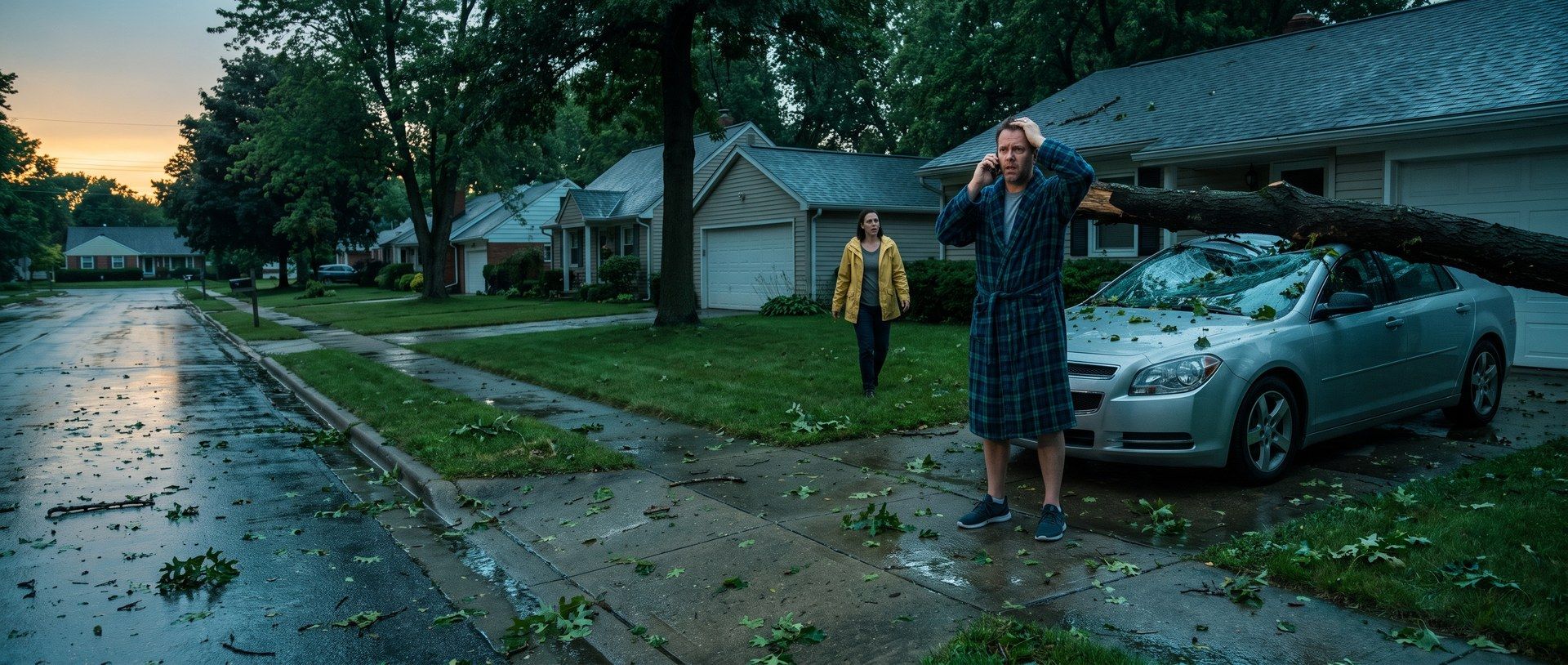 The morning after a storm on a wet suburban street, a man in a plaid robe stands on the phone with a hand on his head beside a silver sedan with a thick oak limb across it and a shattered windshield, while a neighbor in a yellow rain jacket walks over