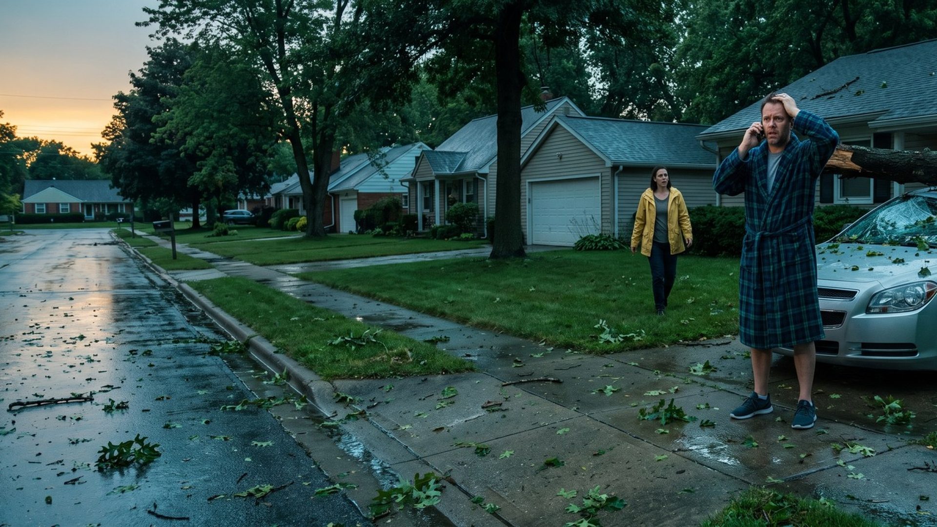 The morning after a storm on a wet suburban street, a man in a plaid robe stands on the phone with a hand on his head beside a silver sedan with a thick oak limb across it and a shattered windshield, while a neighbor in a yellow rain jacket walks over