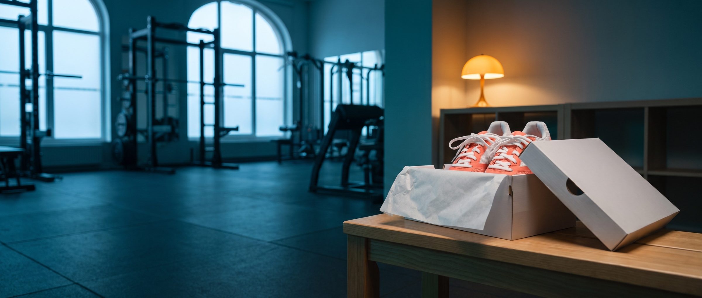 A pair of brand-new coral and white training shoes in an open shoebox with the tissue paper folded back, on a wooden bench at the edge of an empty gym in cool morning light, squat racks and tall arched windows behind