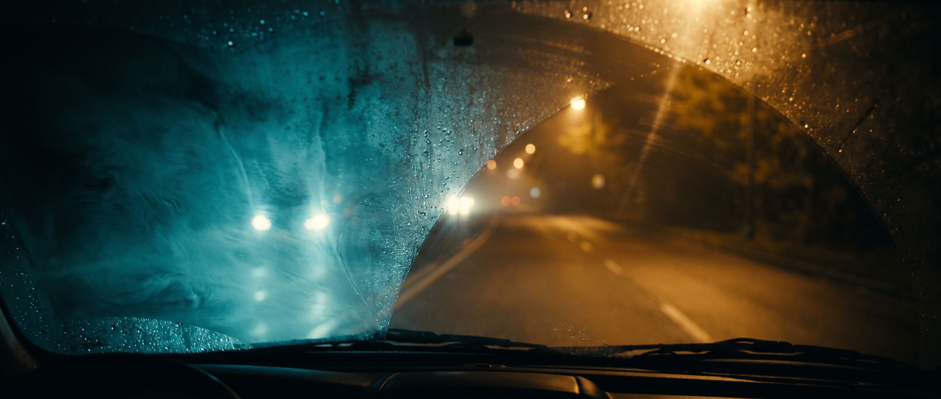 A windshield fogged across most of its surface with one clear patch, warm amber lights showing through only where the glass is clear