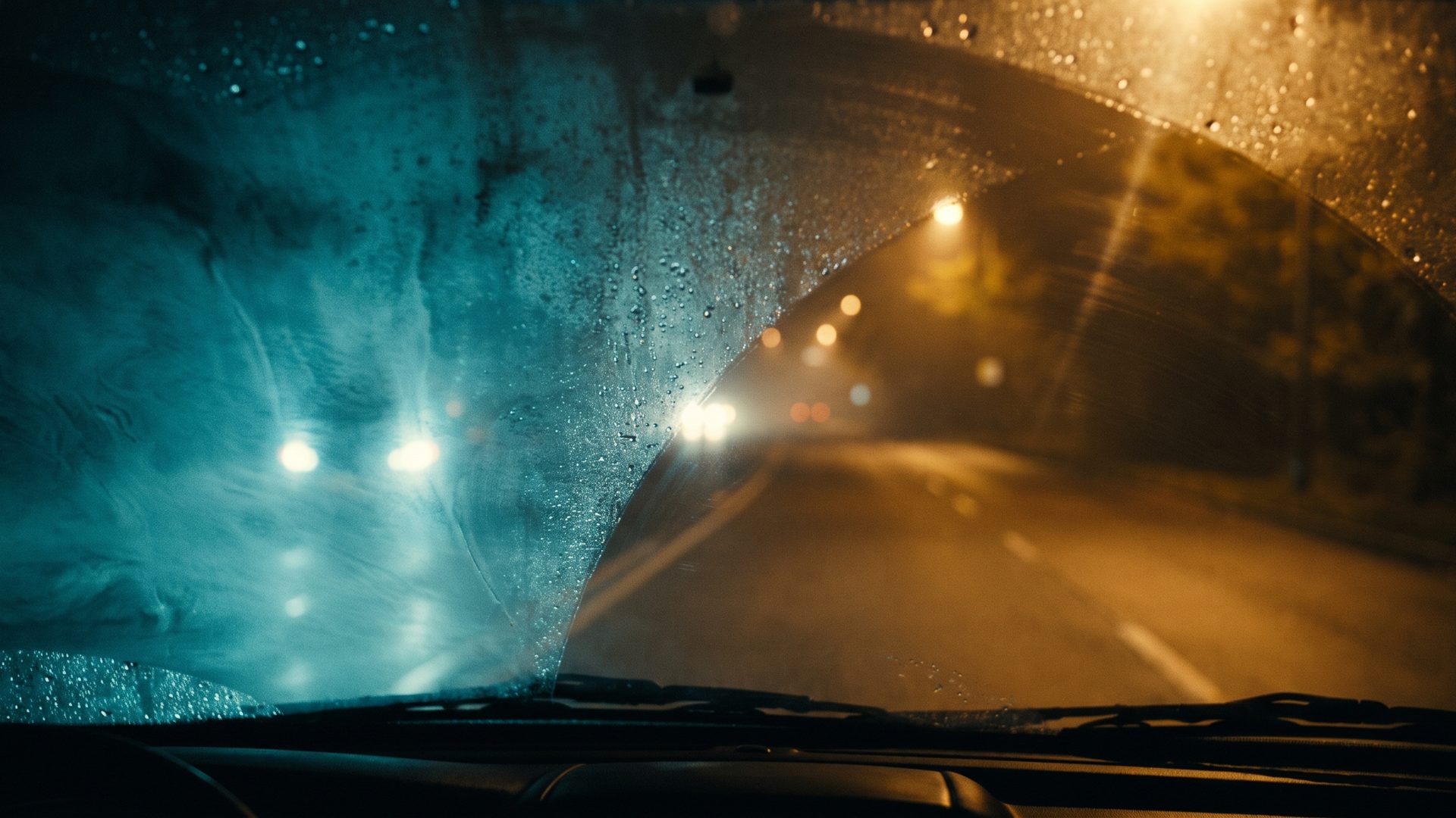 A windshield fogged across most of its surface with one clear patch, warm amber lights showing through only where the glass is clear