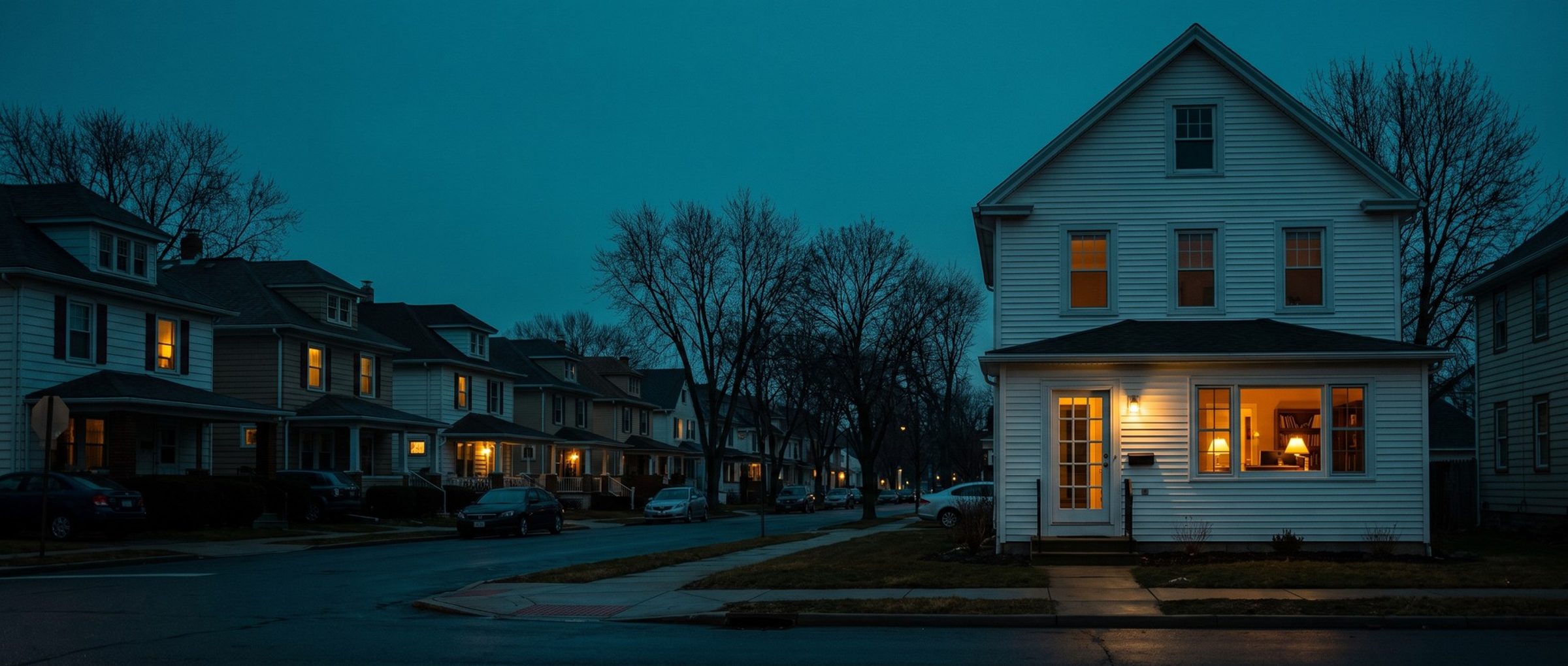 A quiet residential street at dusk: a small white clapboard house converted into an office glows from its front window, where desk lamps light a desk and bookshelves, and a long row of family houses stretches down the street, each with a lit window