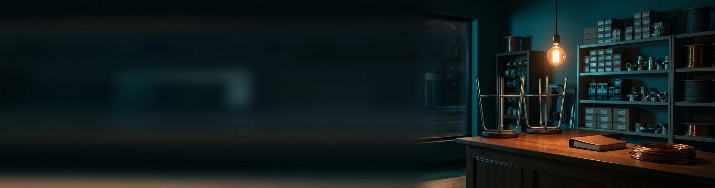 A single bare bulb burning over the empty front counter of a closed electrical shop at night, stools turned up on the counter beside a coil of copper wire, with shelves of wire spools behind