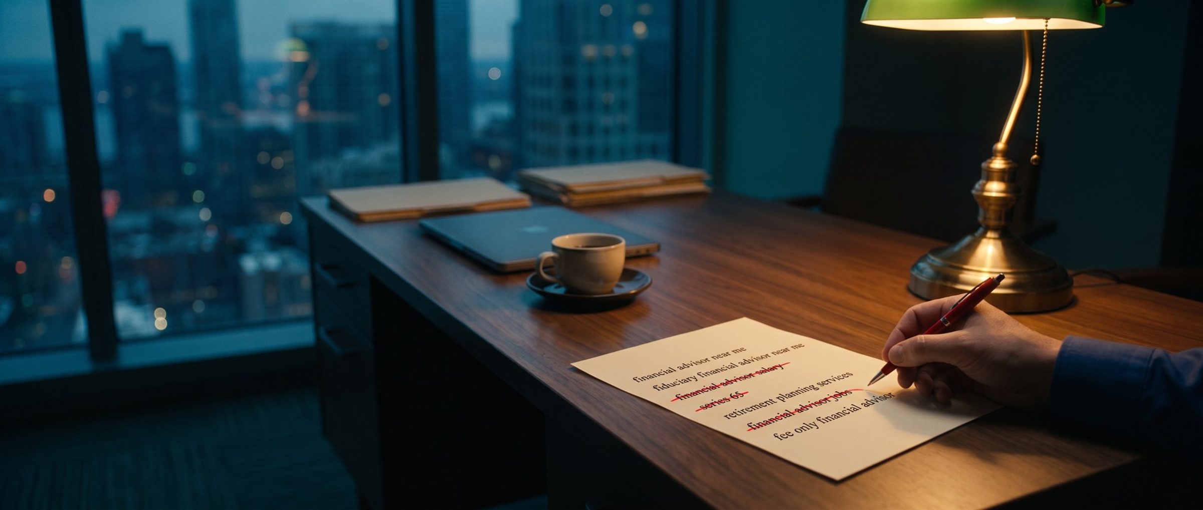 A hand with a red pen strikes financial advisor salary, series 65 and financial advisor jobs off a printed keyword list on an advisor's desk at dusk, leaving searches like fiduciary financial advisor near me untouched