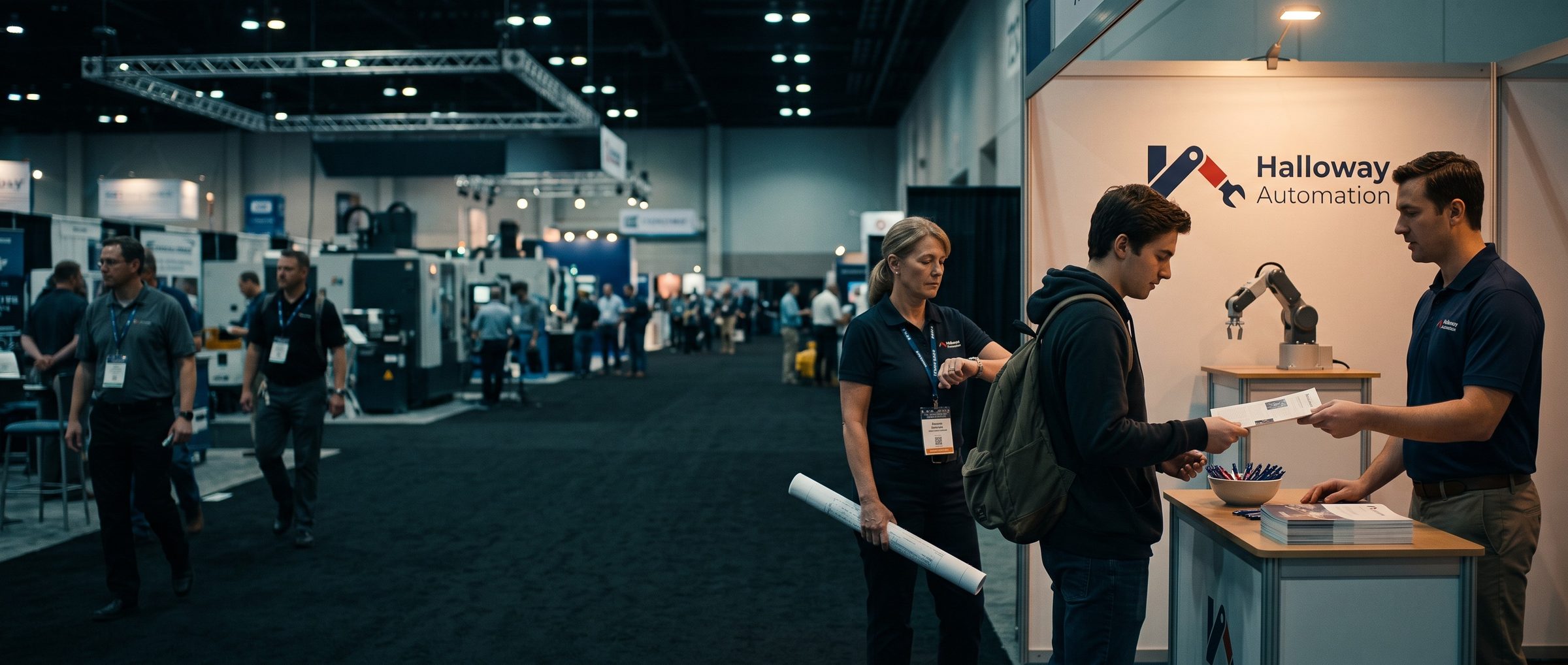 At a Halloway Automation trade show booth, the salesman hands a brochure to a student taking free pens while a plant manager holding a part drawing waits behind him