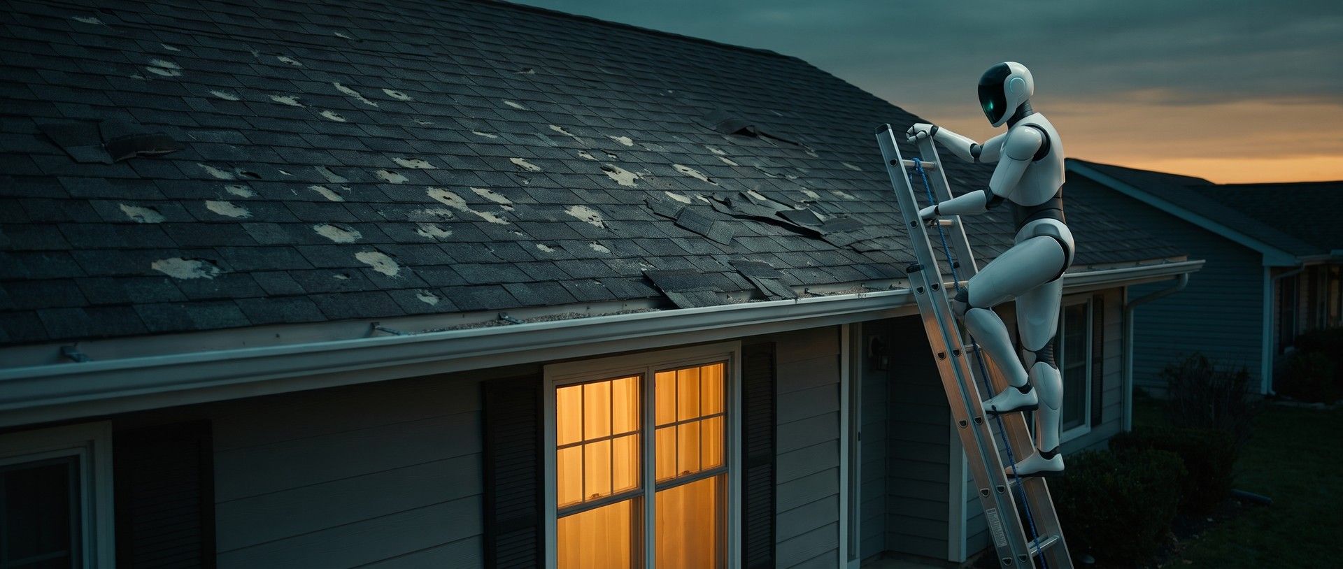A sleek white humanoid robot climbs an aluminum ladder against the gutter of a hail-damaged house at dusk, one hand on the rail, a warm window glowing below