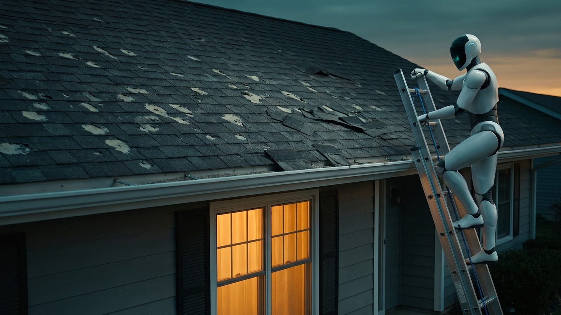 A sleek white humanoid robot climbs an aluminum ladder against the gutter of a hail-damaged house at dusk, one hand on the rail, a warm window glowing below