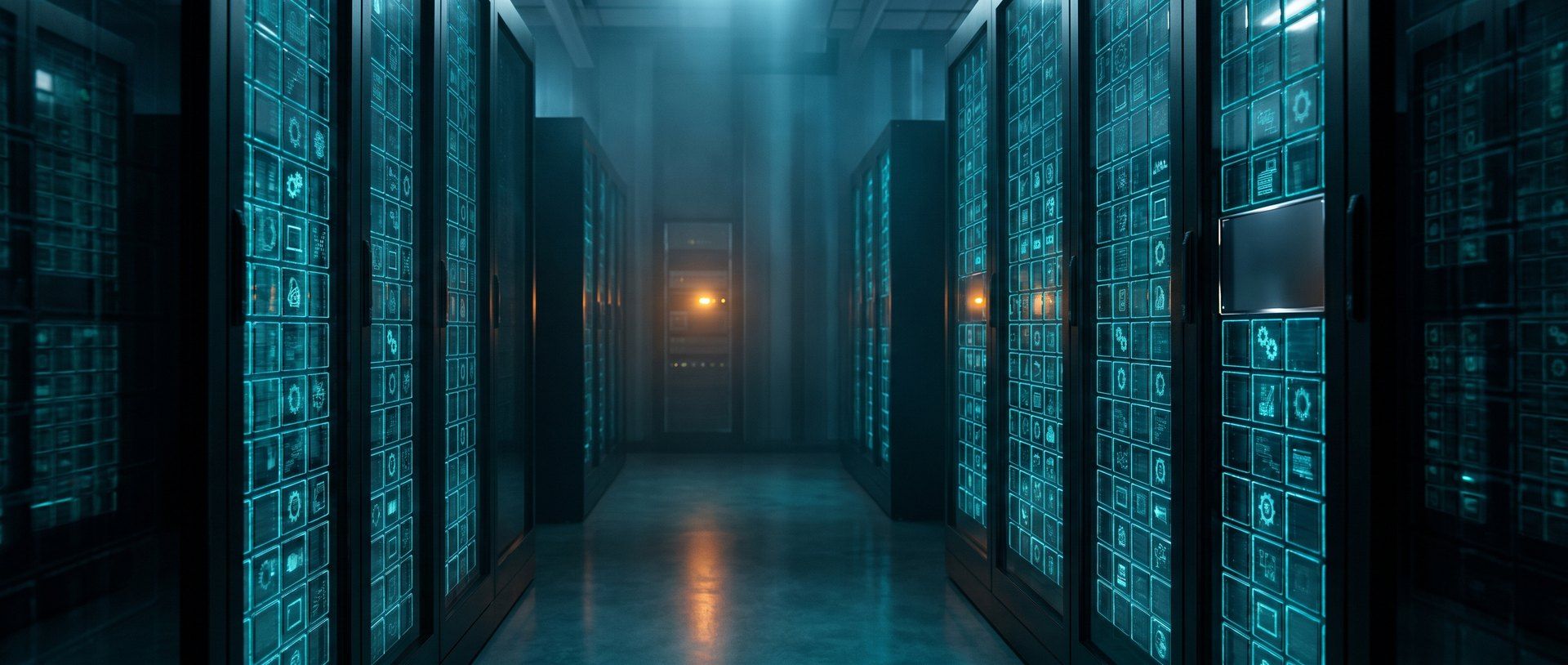 A dark data center aisle lined with racks of glowing product tiles, one tile blank and unlit