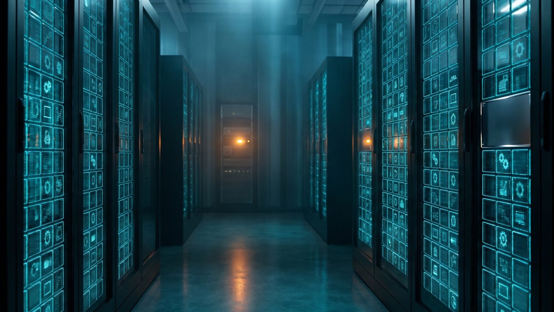 A dark data center aisle lined with racks of glowing product tiles, one tile blank and unlit