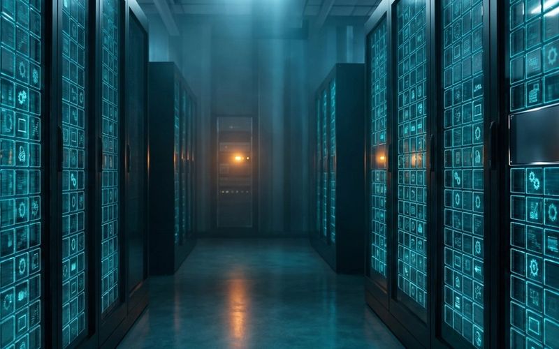 A dark data center aisle lined with racks of glowing product tiles, one tile blank and unlit