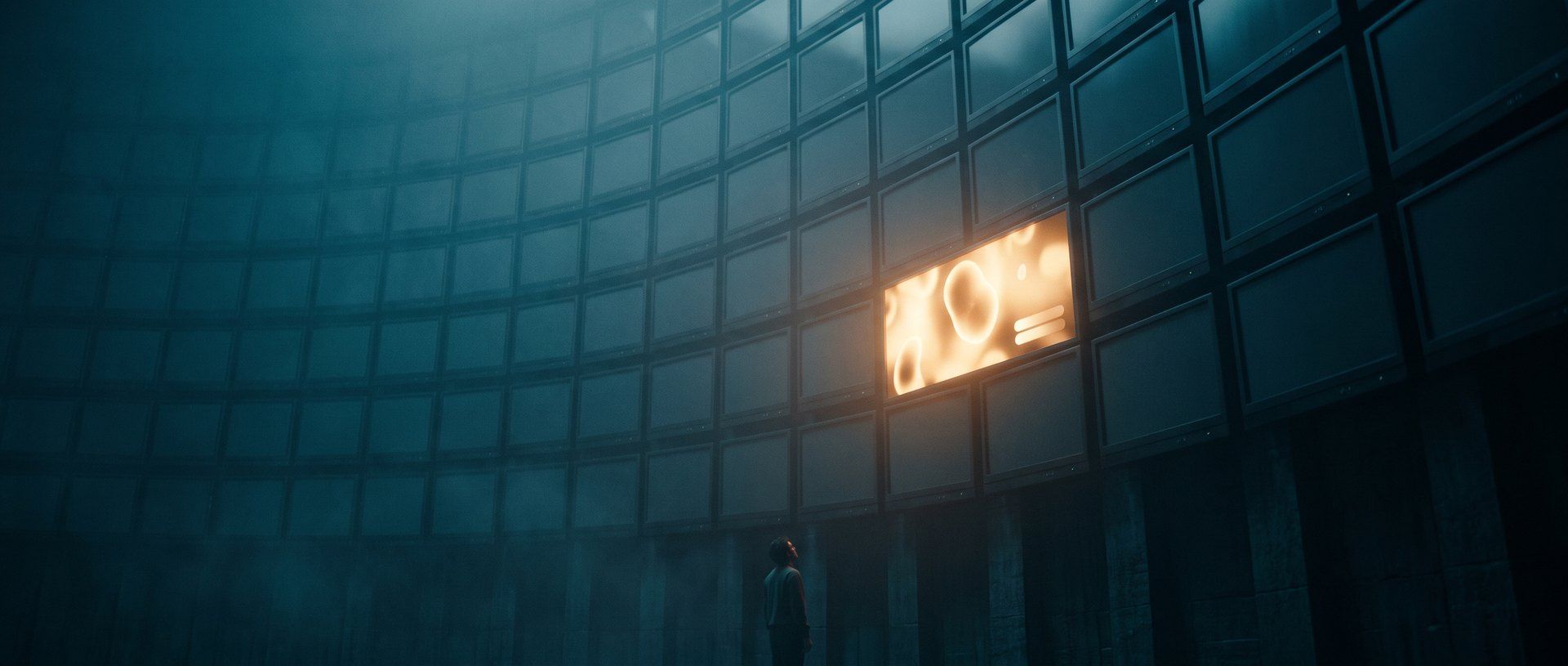 A vast dark grid of dim advertising screens with a single one glowing warm amber - the one ad in a thousand that actually works.
