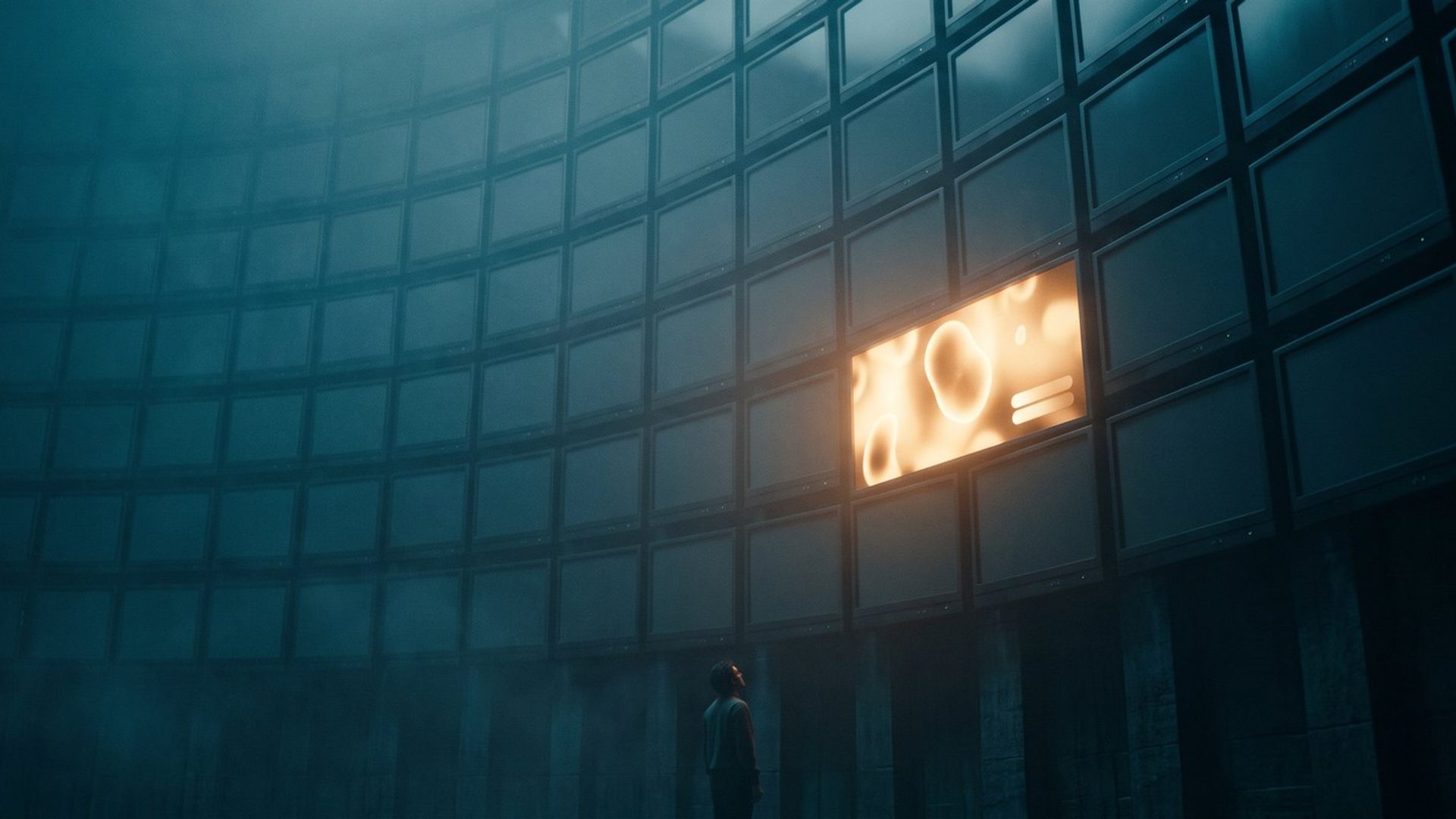A vast dark grid of dim advertising screens with a single one glowing warm amber - the one ad in a thousand that actually works.