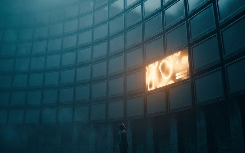 A vast dark grid of dim advertising screens with a single one glowing warm amber - the one ad in a thousand that actually works.