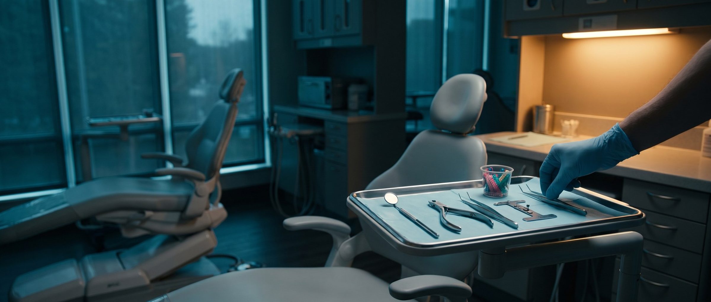 A gloved hand setting the last instrument onto an orthodontic tray laid out in an exact row, mirror, cutters, tweezers, a bracket gauge and a cup of colored elastic ties, in a dim clinic before opening