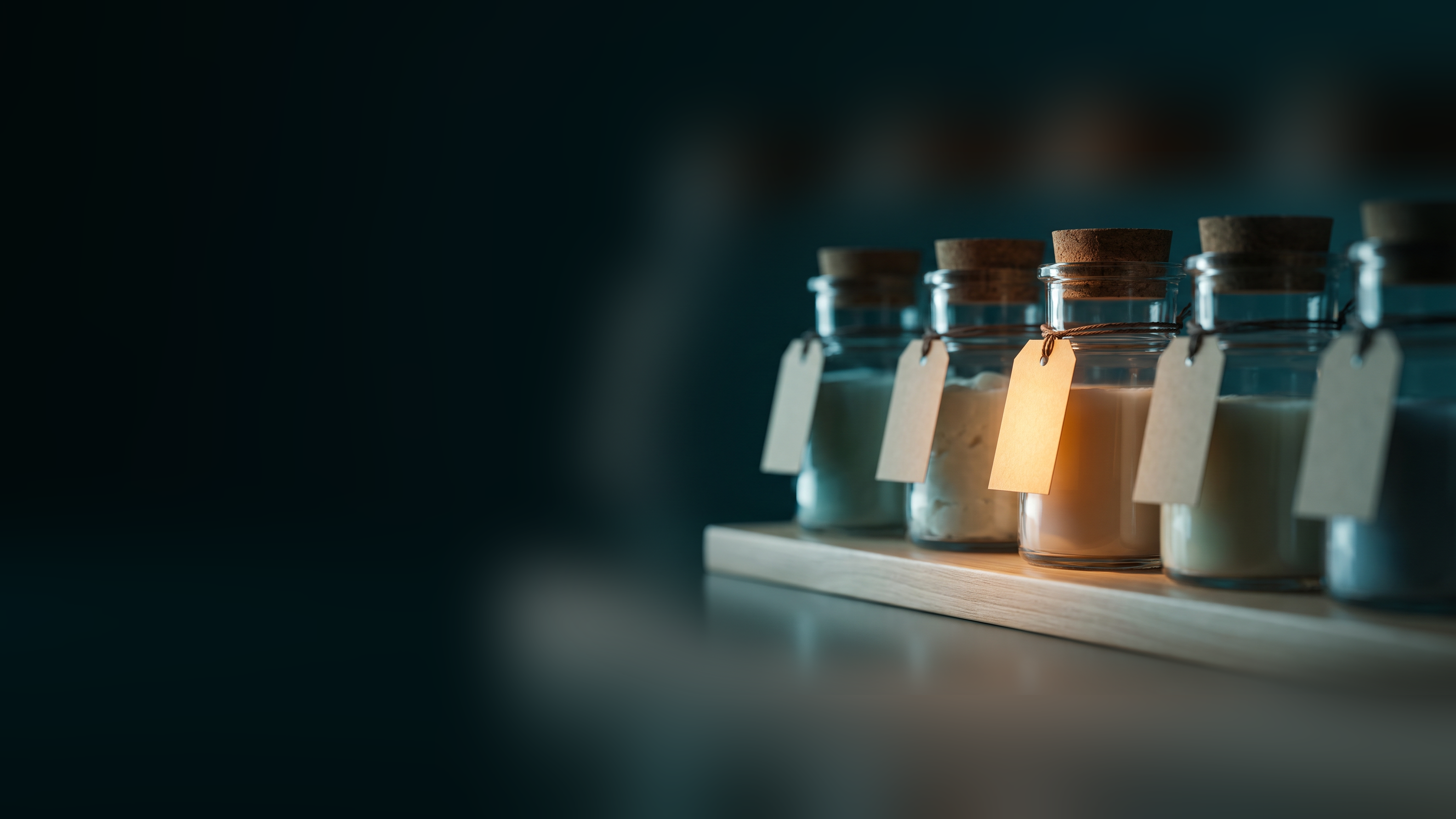 A row of glass jars on a shelf, each with a blank paper tag, one tag glowing amber