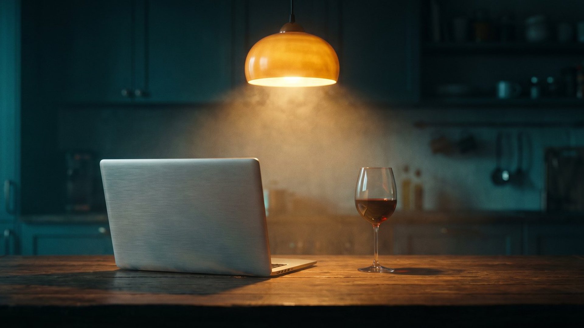 A closed laptop and a poured glass on a kitchen table at night under a warm pendant lamp