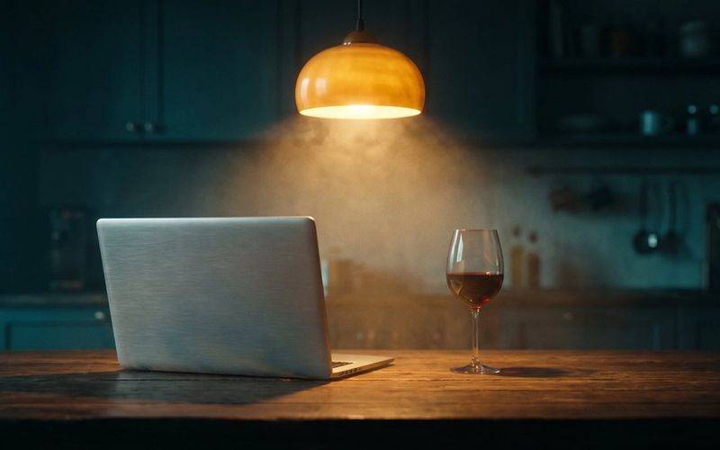 A closed laptop and a poured glass on a kitchen table at night under a warm pendant lamp