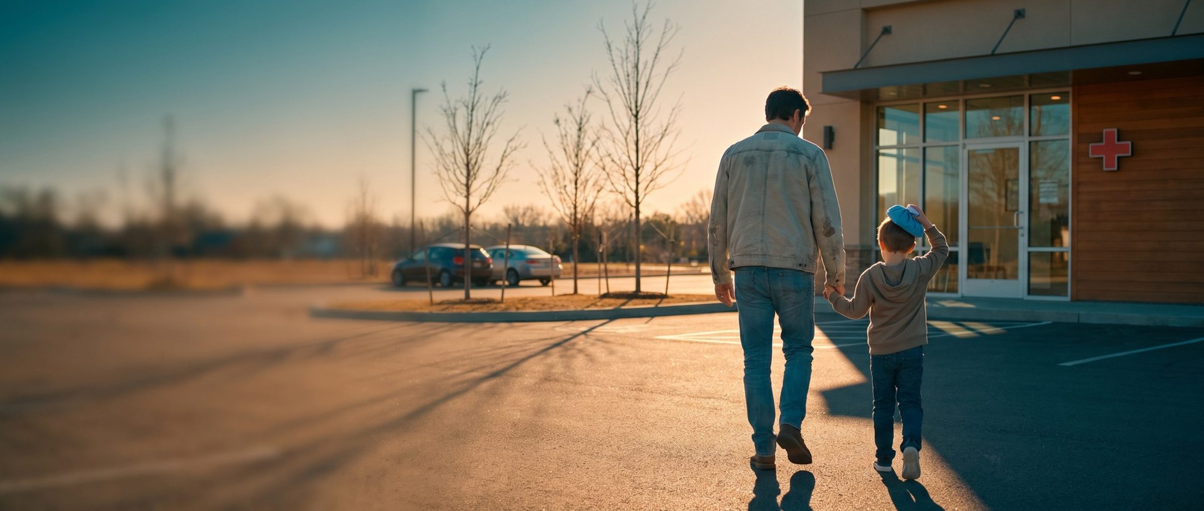 A parent and a young child, seen from behind, walk hand in hand across a sunny parking lot toward a small urgent care clinic with a red cross on the wall, the child holding a blue ice pack to their head