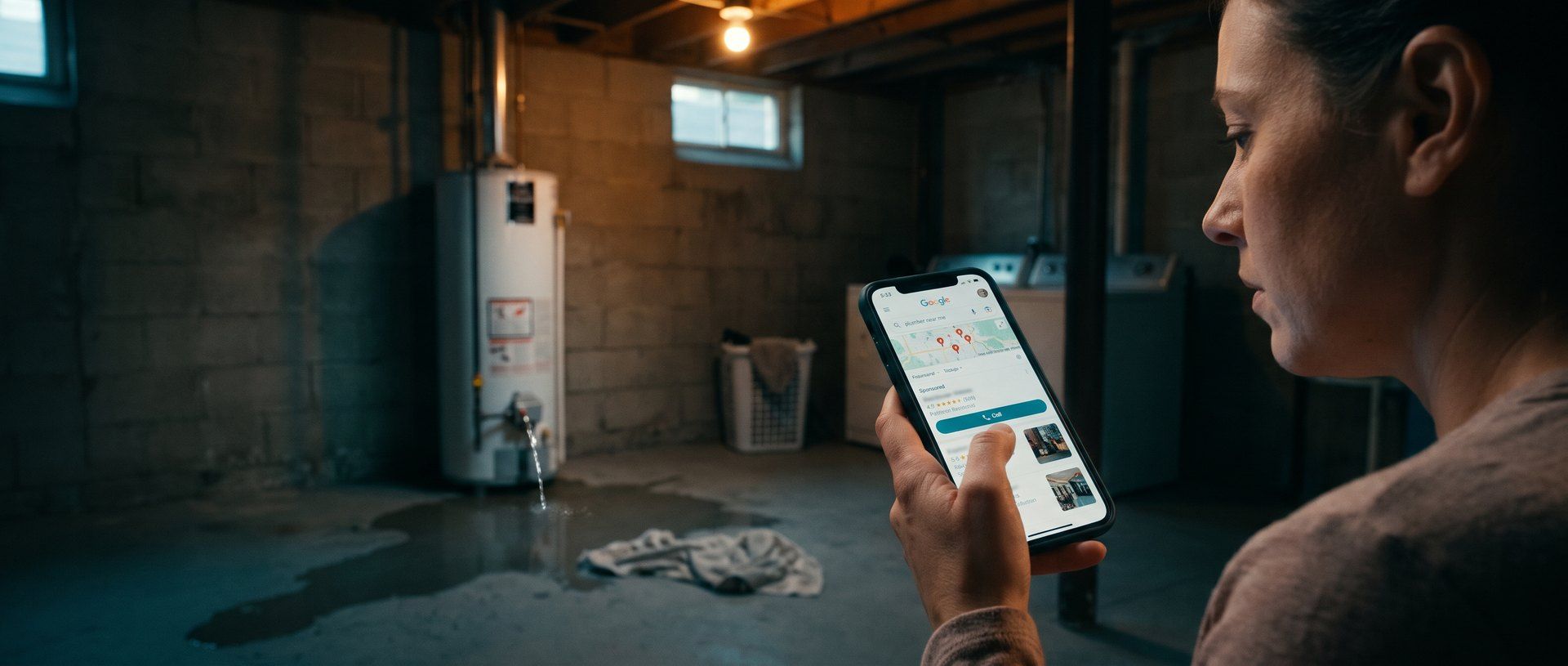 A homeowner in her basement utility room, with a leaking water heater spreading a puddle across the floor, searches for a plumber on her phone, where only the Sponsored listing at the top shows a Call button