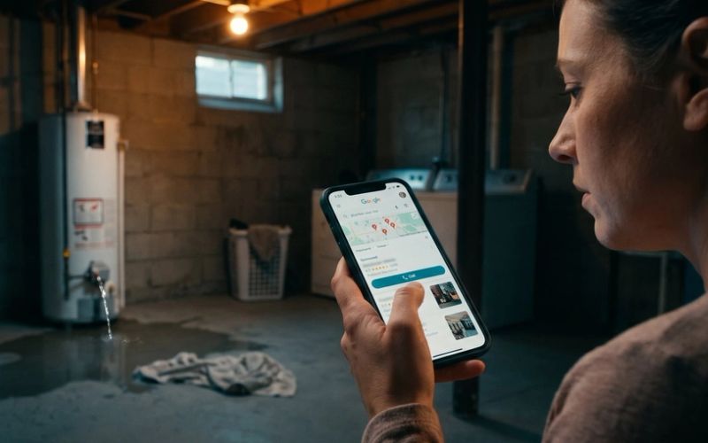 A homeowner in her basement utility room, with a leaking water heater spreading a puddle across the floor, searches for a plumber on her phone, where only the Sponsored listing at the top shows a Call button