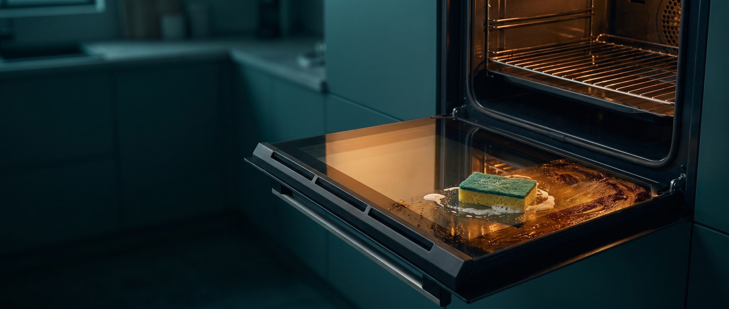 An open oven door in a dark kitchen, half its glass scrubbed clean and half still caked with grease, a sponge left in the soap foam where someone gave up