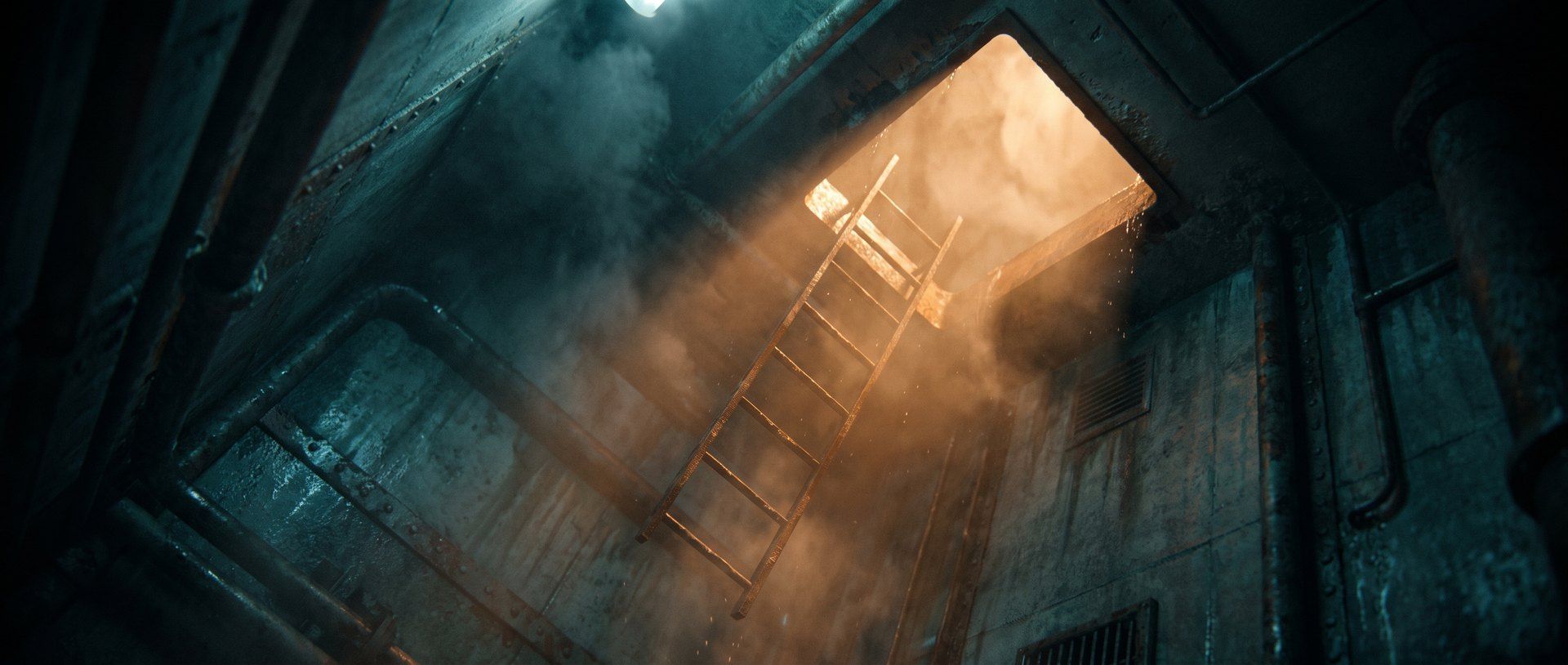 A ladder being lowered through a brightly lit hatch into a dark industrial shaft below