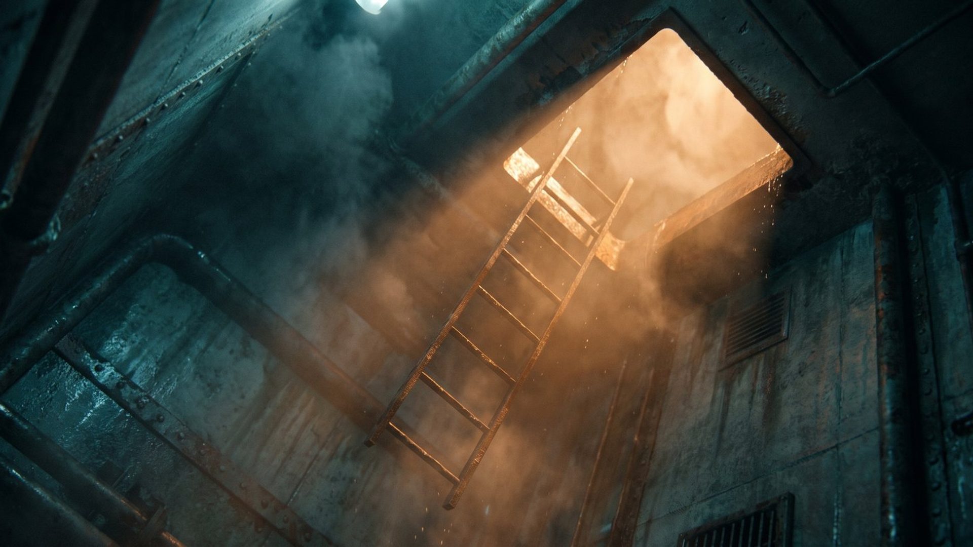 A ladder being lowered through a brightly lit hatch into a dark industrial shaft below