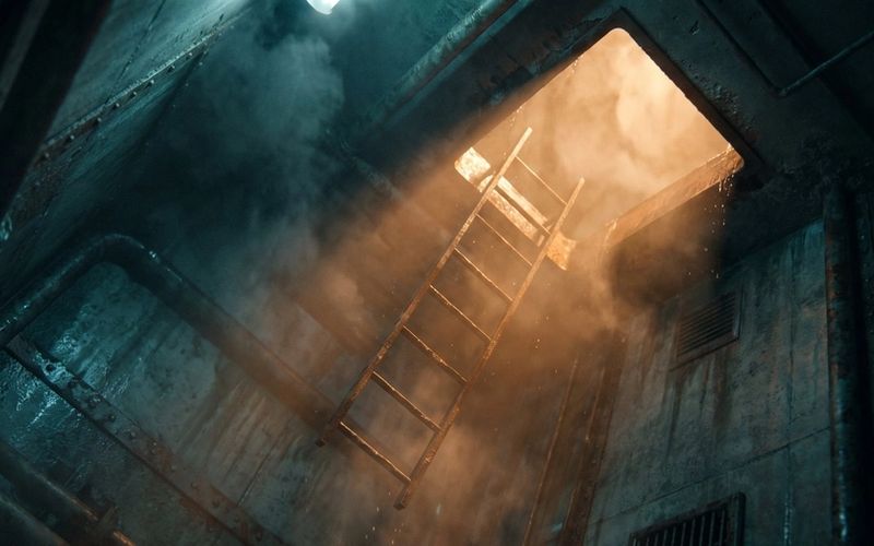 A ladder being lowered through a brightly lit hatch into a dark industrial shaft below