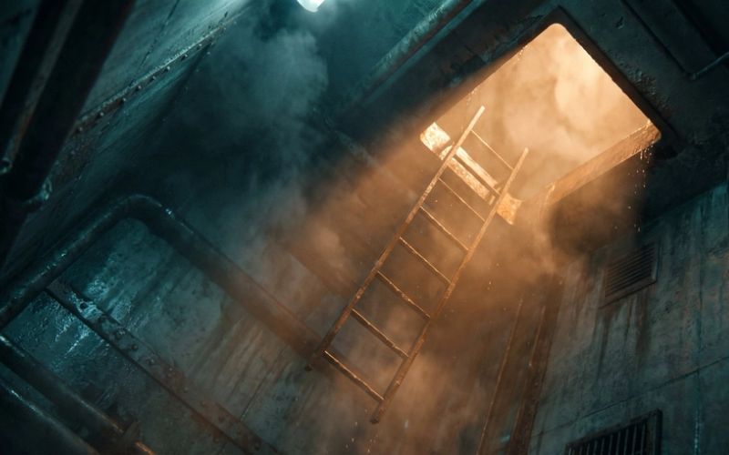 A ladder being lowered through a brightly lit hatch into a dark industrial shaft below