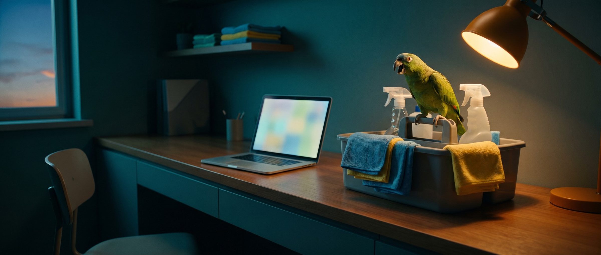 A green parrot perched on the handle of a cleaning supply caddy, squawking toward an open laptop in a cleaning company's office at dusk