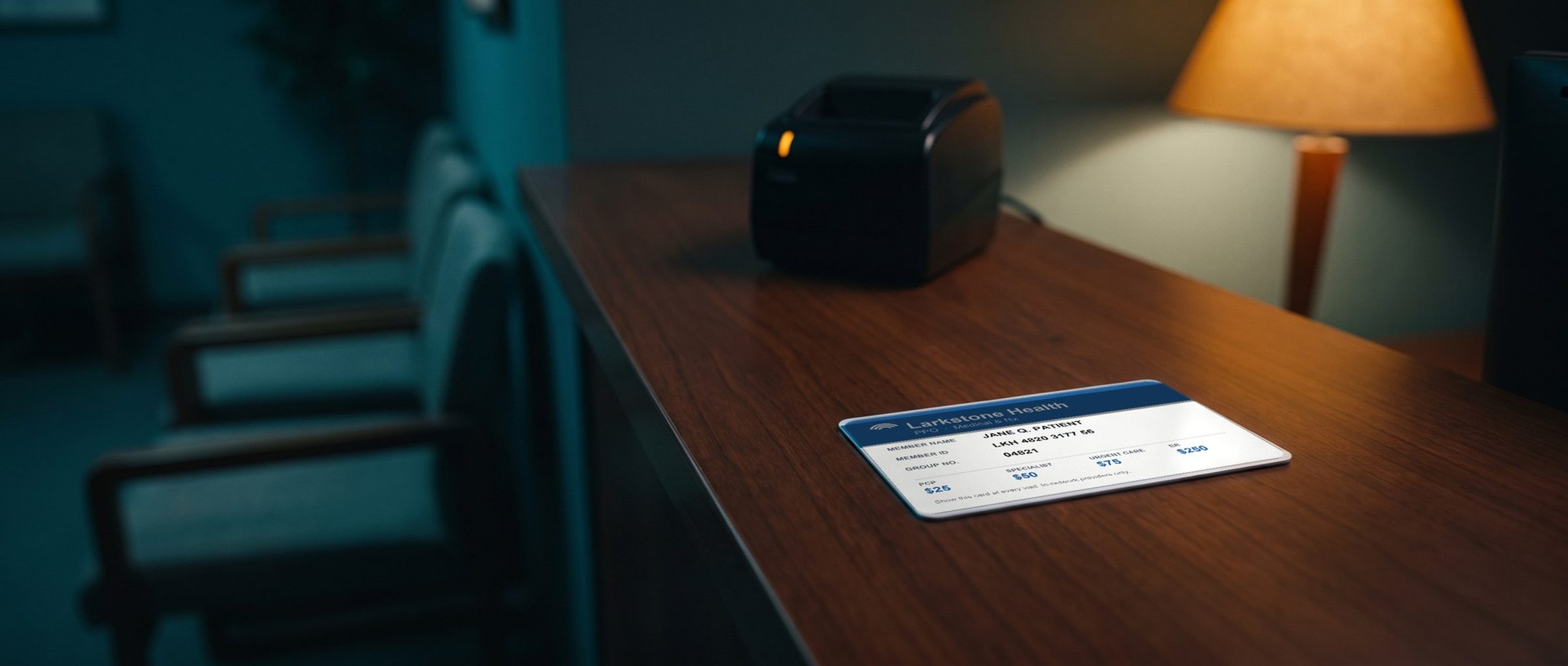 A health insurance card lying face up on a clinic check-in counter under a warm lamp, the waiting room chairs dim in the background