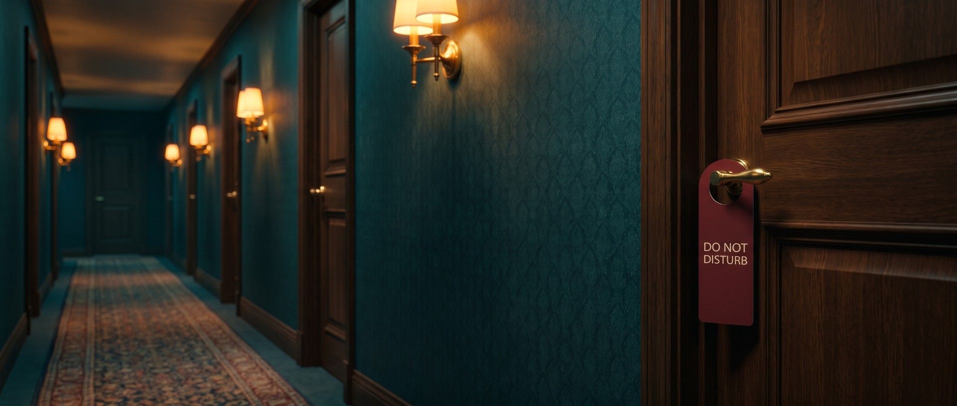 A long boutique hotel corridor at night with teal wallpaper and brass sconces receding into the distance, and at the right a dark wood door with a red do not disturb hanger on its brass lever handle