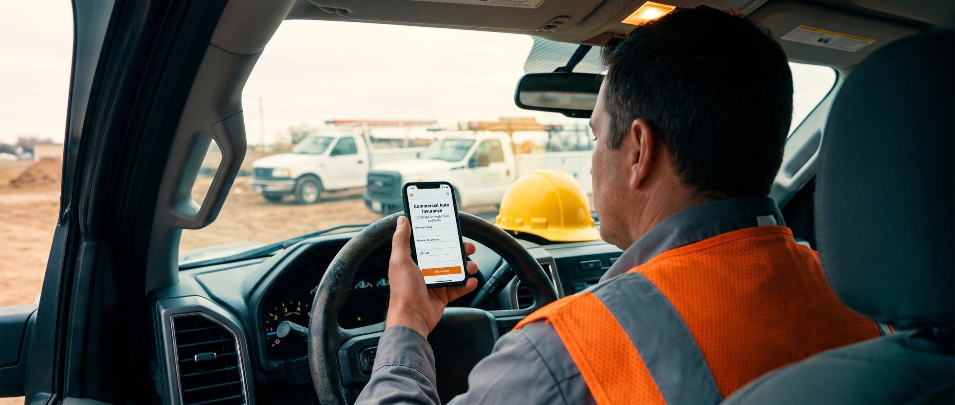 Over a contractor's shoulder in his pickup at a job site, his phone shows a Commercial Auto Insurance quote page with fields for business name, number of vehicles and ZIP code, a hard hat on the dash and white work trucks beyond the windshield